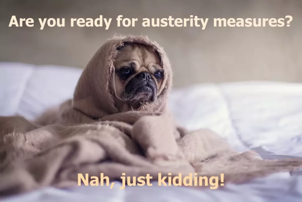 meme: dog wrapped in blanket - are you ready for austerity measures?