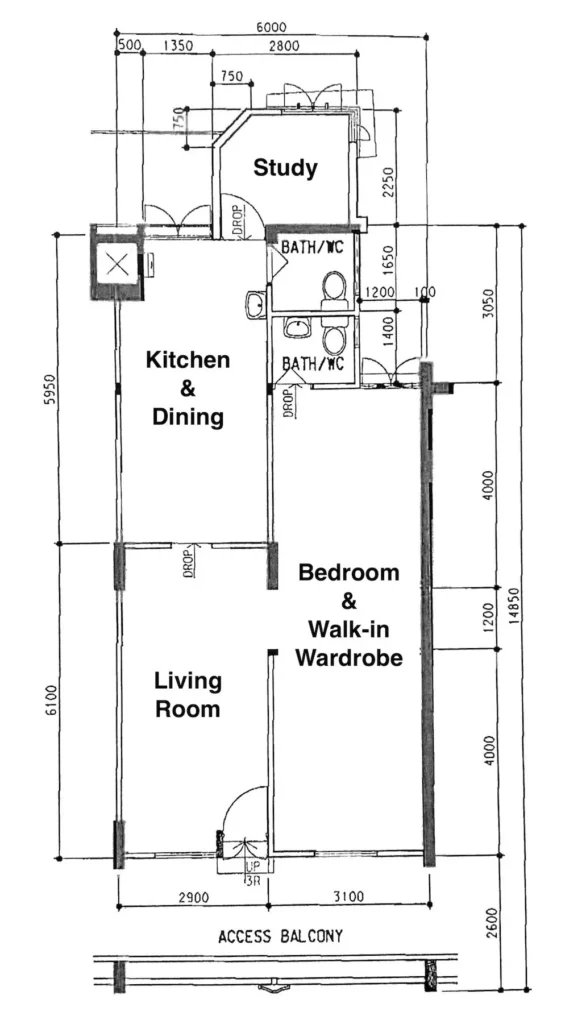 Floor plan of 3-room hdb flat in Singapore