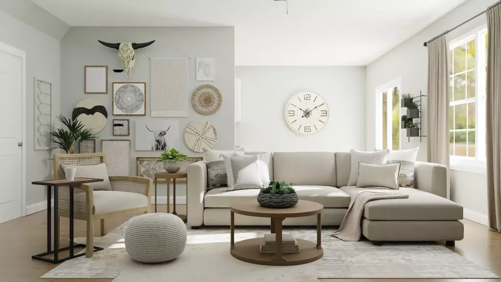 spacious living room in white, beige and brown themed colours