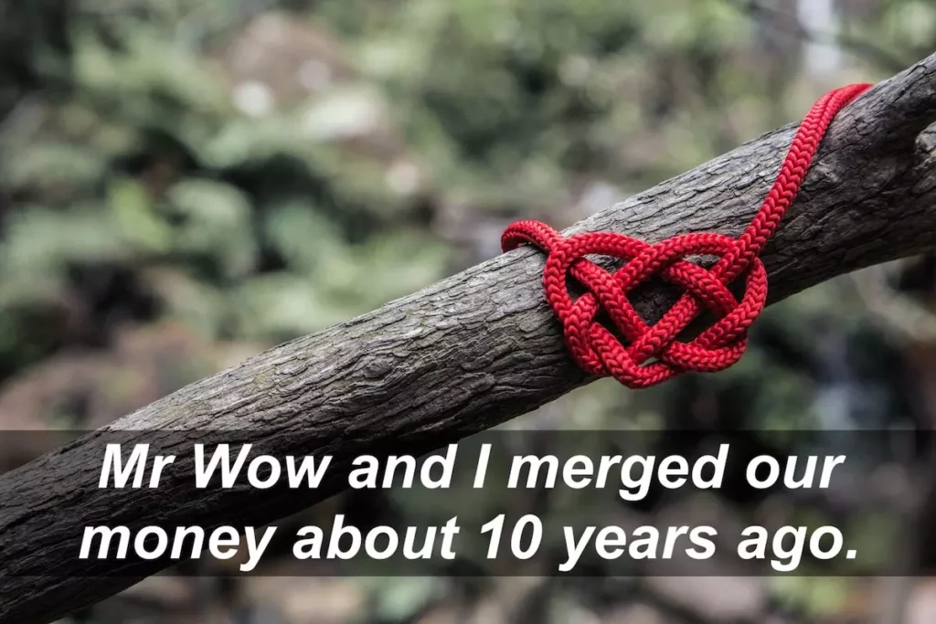 Image of red rope in heart shape on tree branch. Quote: Mr Wow and I merged our money about 10 years ago.