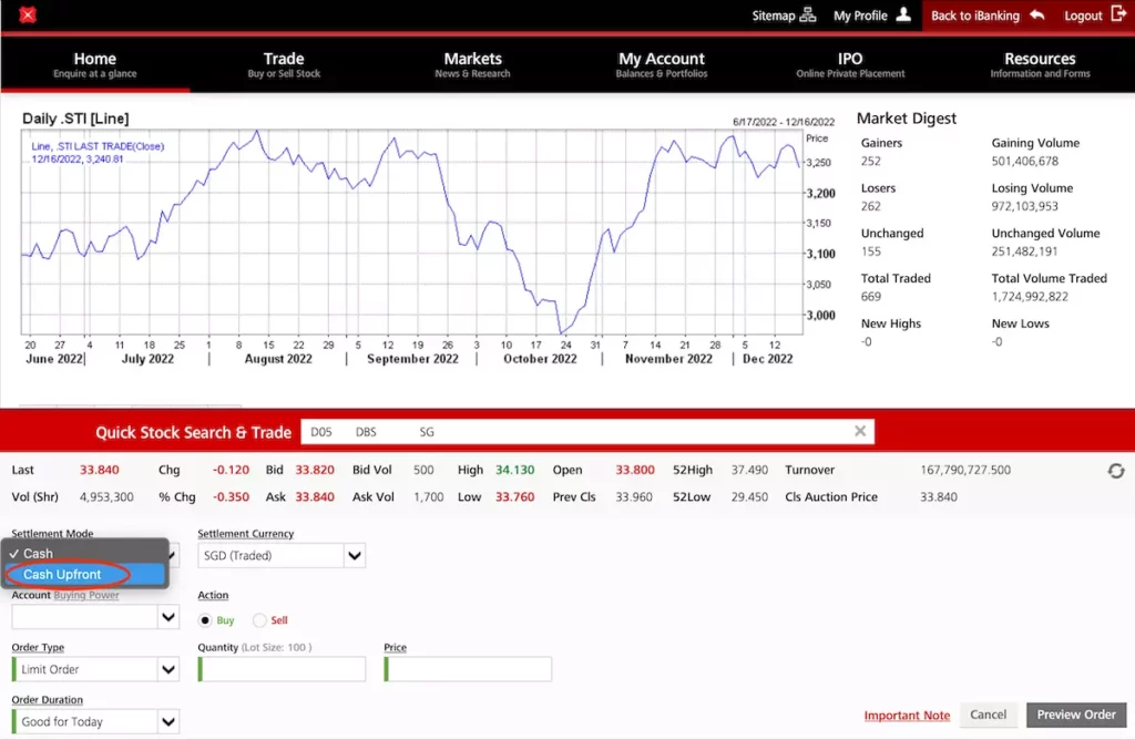 Screenshot of DBS Vickers Cash Upfront Selection