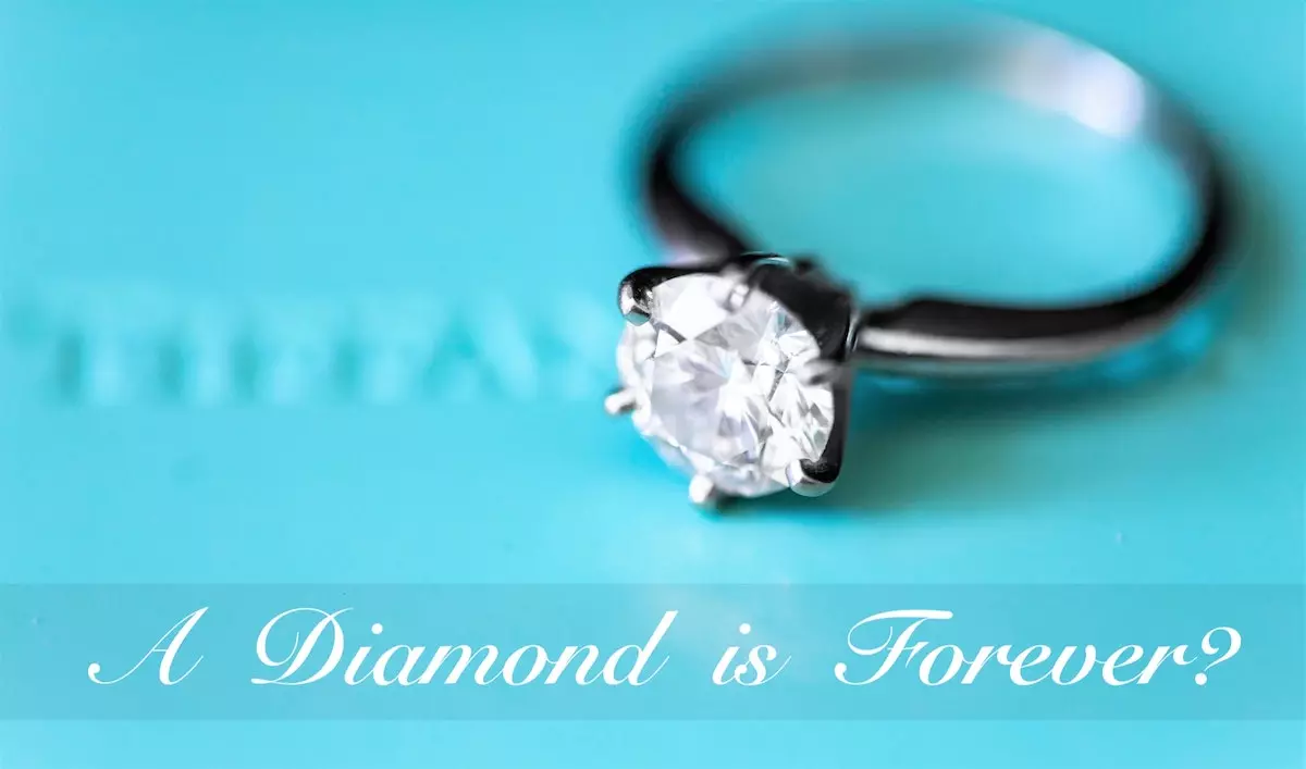 Image of a diamond engagement ring from Tiffany's with text overlay: a diamond ring is forever?