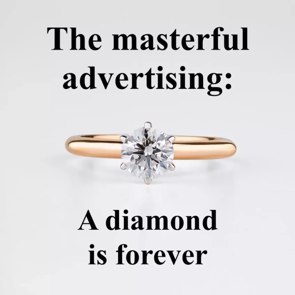 Image of a diamond ring with text overlay: The masterful advertising: A diamond is forever.