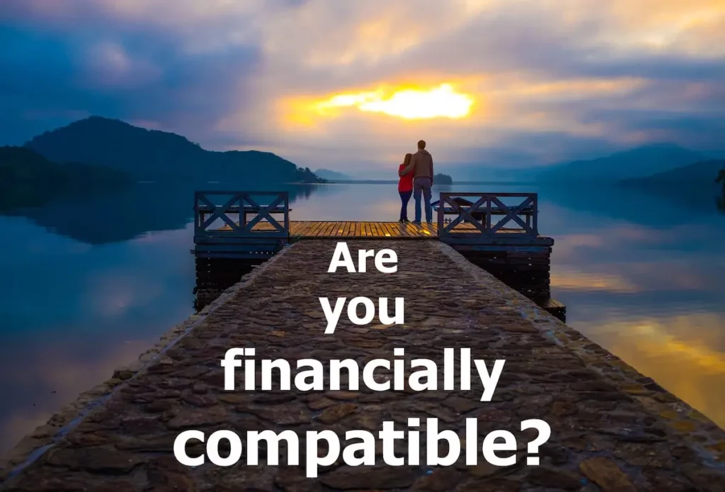 Image of a couple standing on a jetty looking toward the horizon of the lake with quote: are you financially compatible?