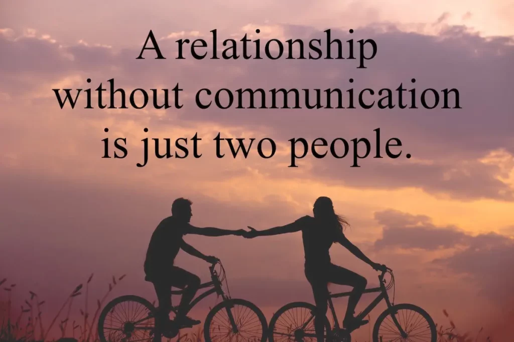 Silhouette image of two couples riding bicycles with hands outreached towards each other with quote: a relationship without communications is just two people.