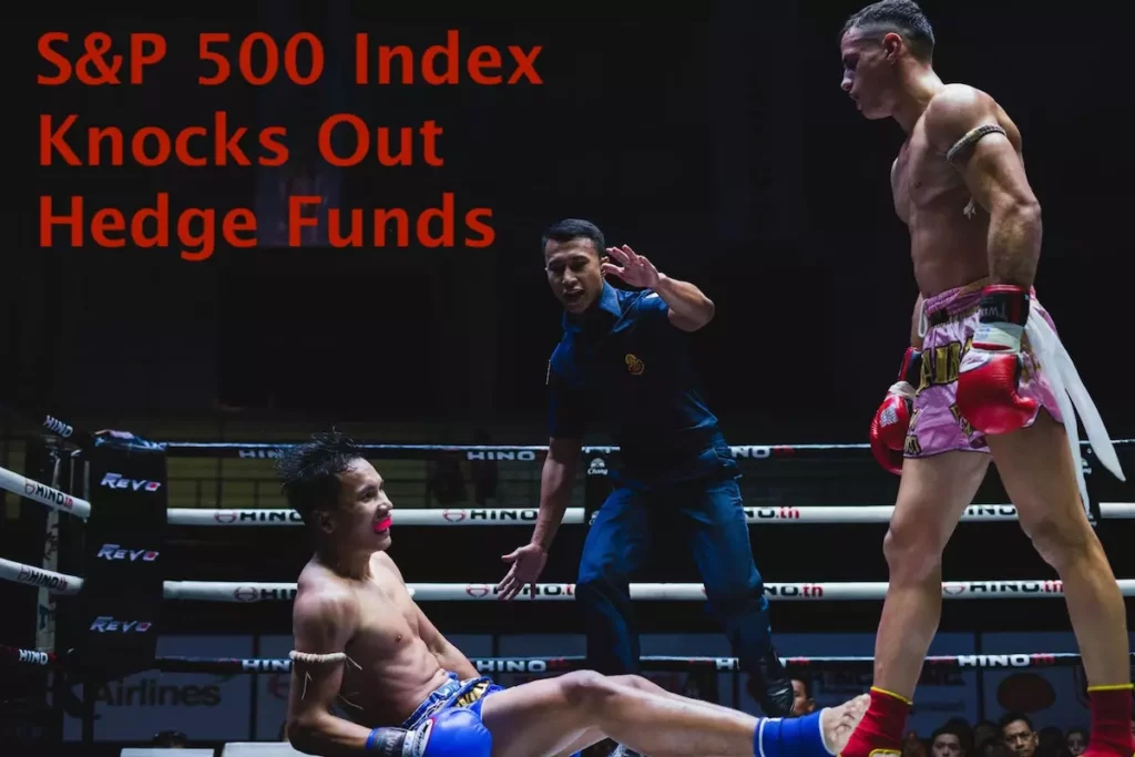 Image of a boxer knocking out another boxer in the boxing ring, with the text overlay: S&P 500 index knocks out hedge funds
