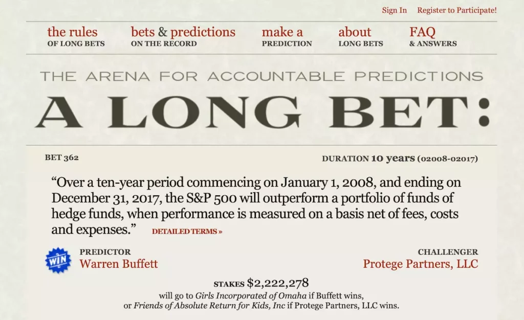 Screenshot of the Long Bet made by Warren Buffett