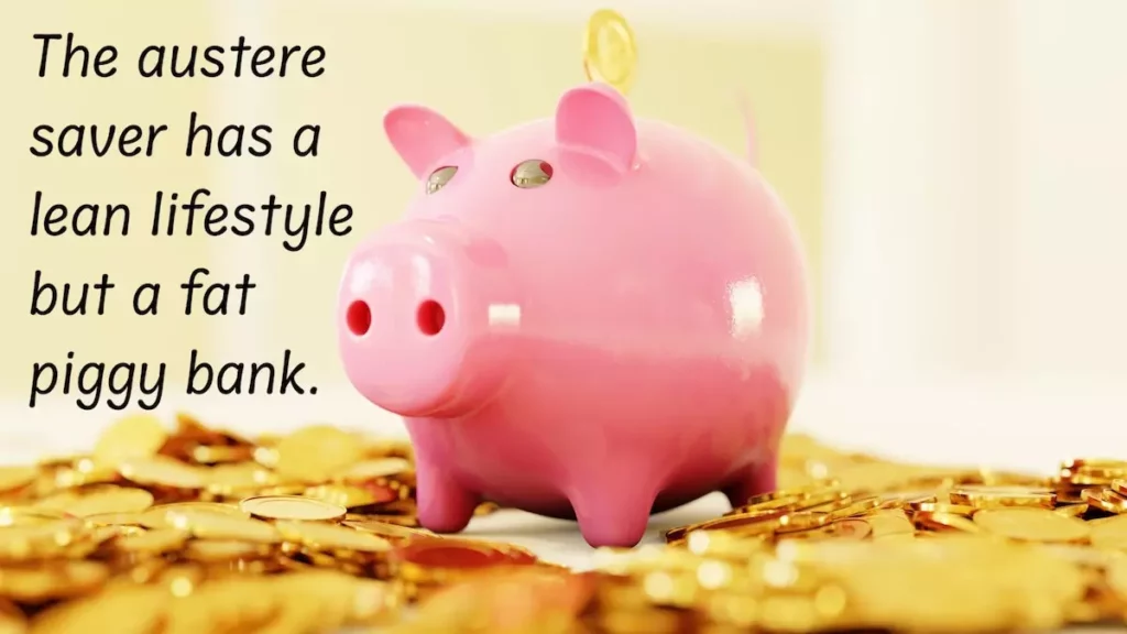 Image of a pink piggy bank, gold coins surrounding it with the text overlay: the austere saver has a lean lifestyle but a fat piggy bank.