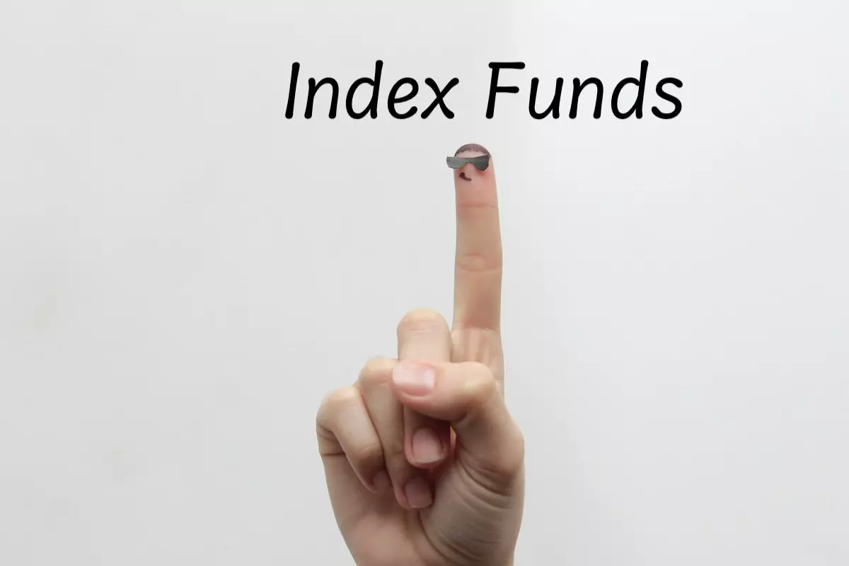 Image of an index finger pointing up to the words 'index funds'