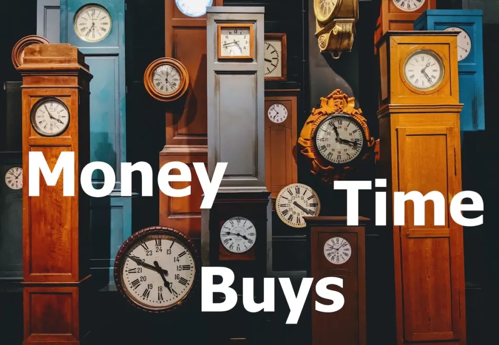 Image of many vintage wooden clocks with the text overlay: money buys time.