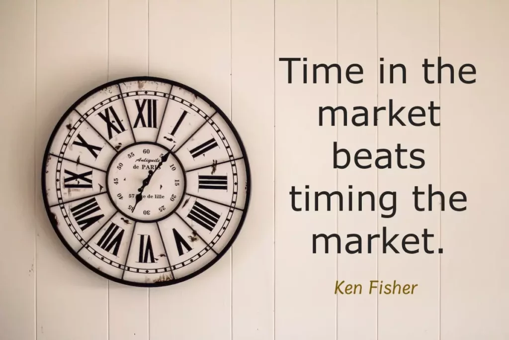 Image of an antique clock on the wall with the text overlay: Time in the market beats timing the market - Ken Fisher