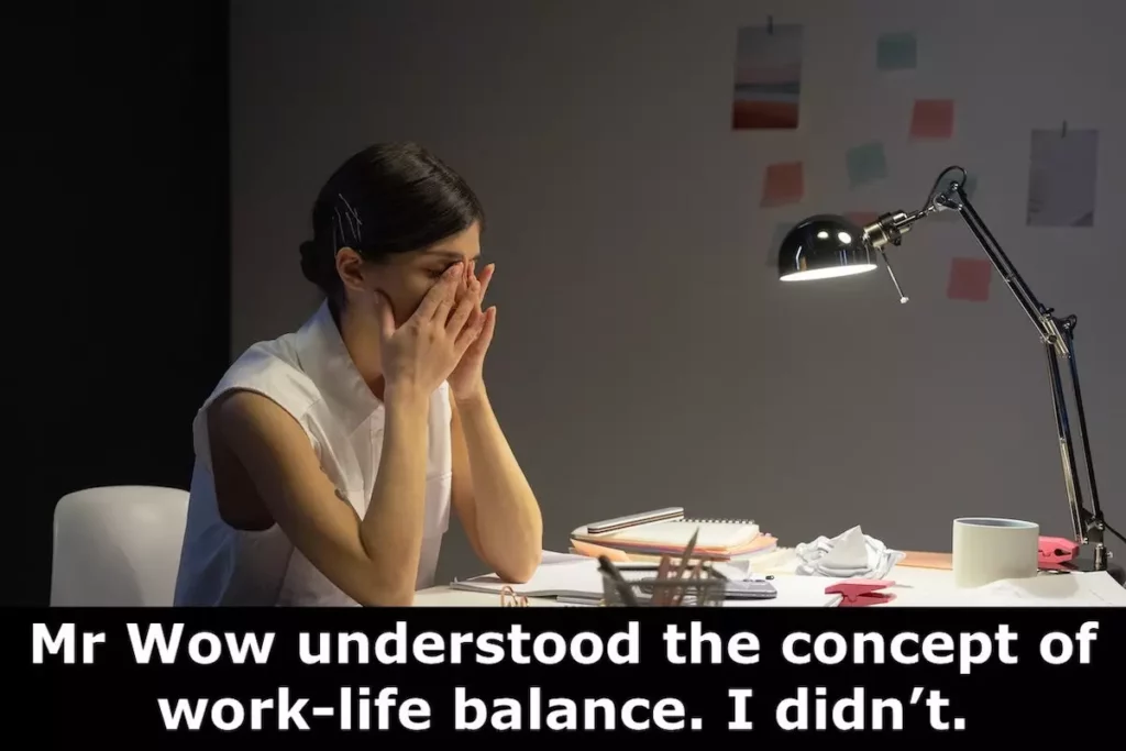 Image of woman at her work desk looking stressed with the text overlay: Mr Wow understood the concept of work-life balance. I didn't.