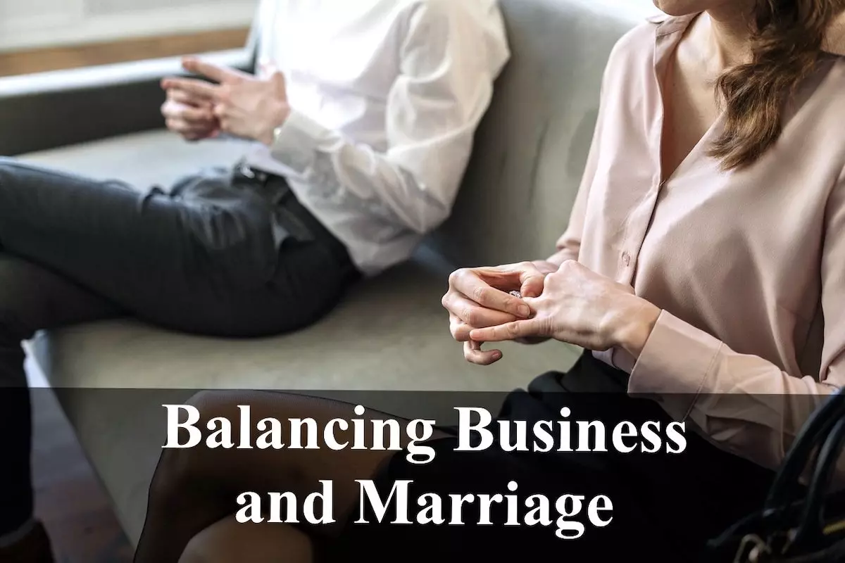 Image of a couple holding on to their marriage rings with the text overlay: Balancing business and marriage.