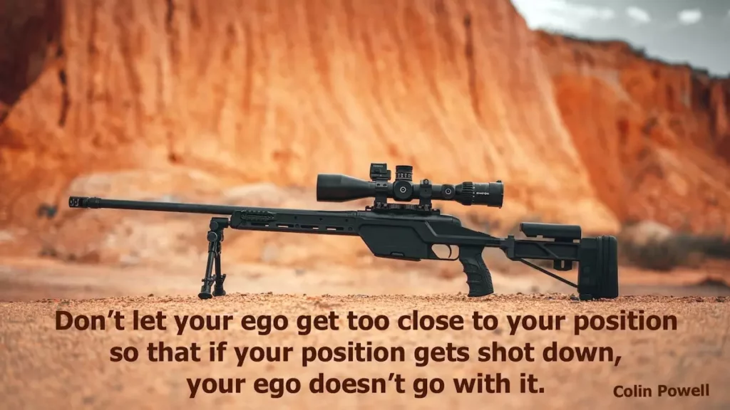 Image of a sniper's rifle with the text overlay: Don't let your ego get too close to your position so that if your position gets shot down, your ego doesn't go with it. - Colin Powell