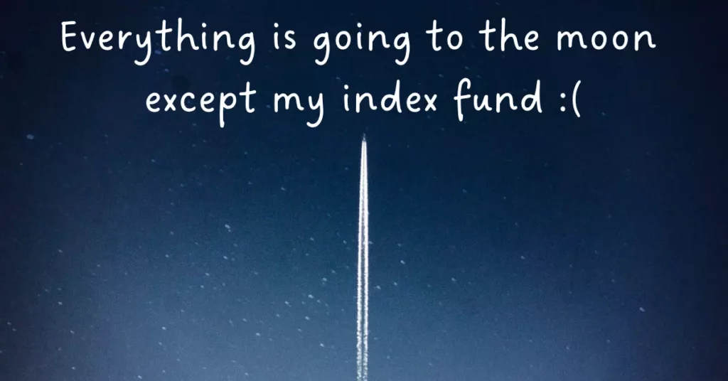 Image of rocket going into space with the text overlay: Everything is going to the moon except my index fund.