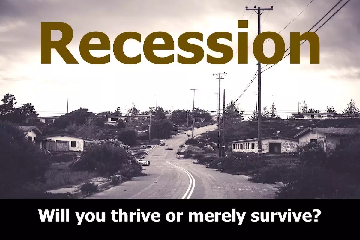 Image of a run-down town with the quote: Recession - will you thrive or merely survive?