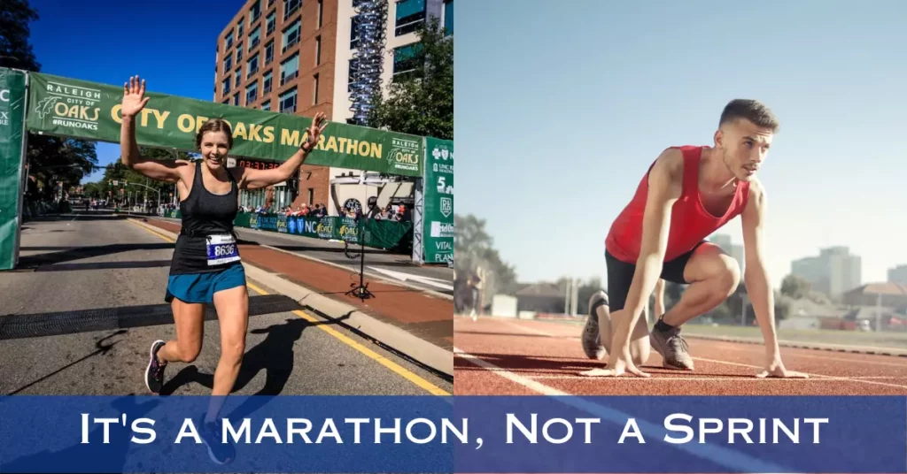 Image of a marathoner next to a sprinter with the text overlay: Investing is a marathon, not a sprint.