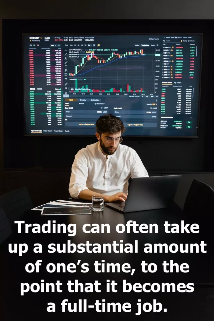 Image of a trader at his work desk with the text overlay: Trading can often take up a substantial amount of one's time, to the point that it becomes a full-time job.