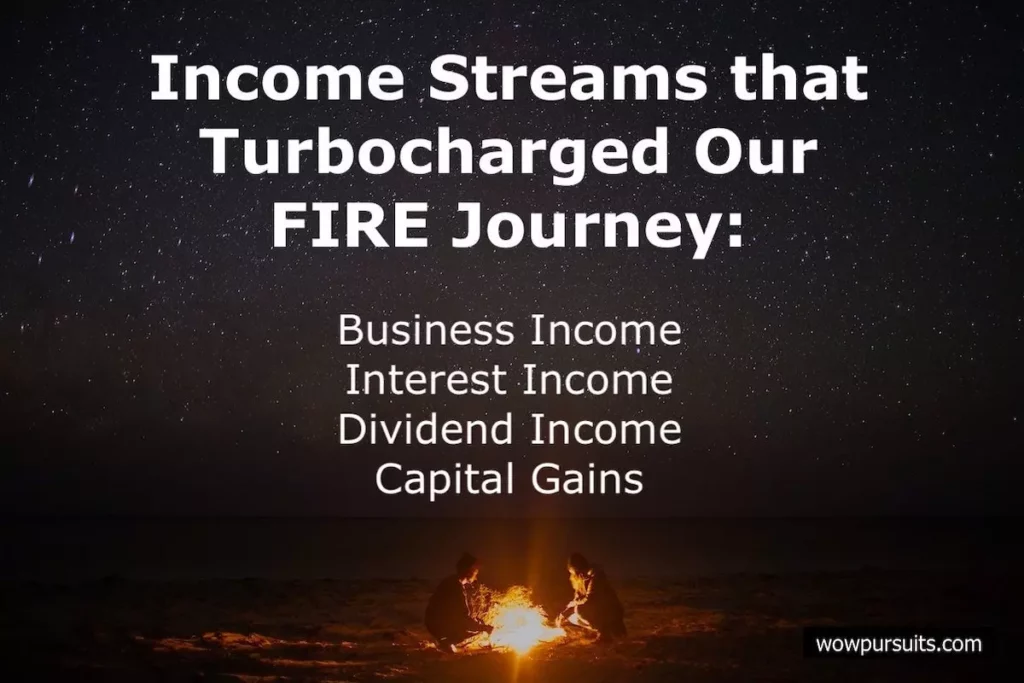 Income streams that turbocharge our FIRE journey: Business income, interest income, dividend income & capital gains.