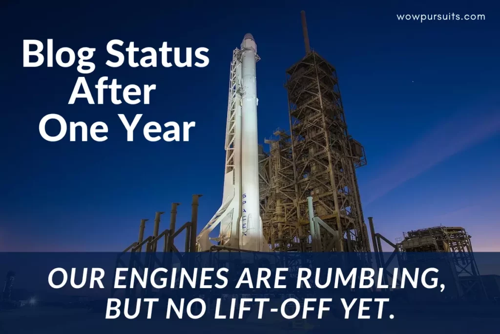 Image of a rocket ship on its launch pad with the text overlay: Blog status after one year: Our engines are rumbling, but no lift-off yet.