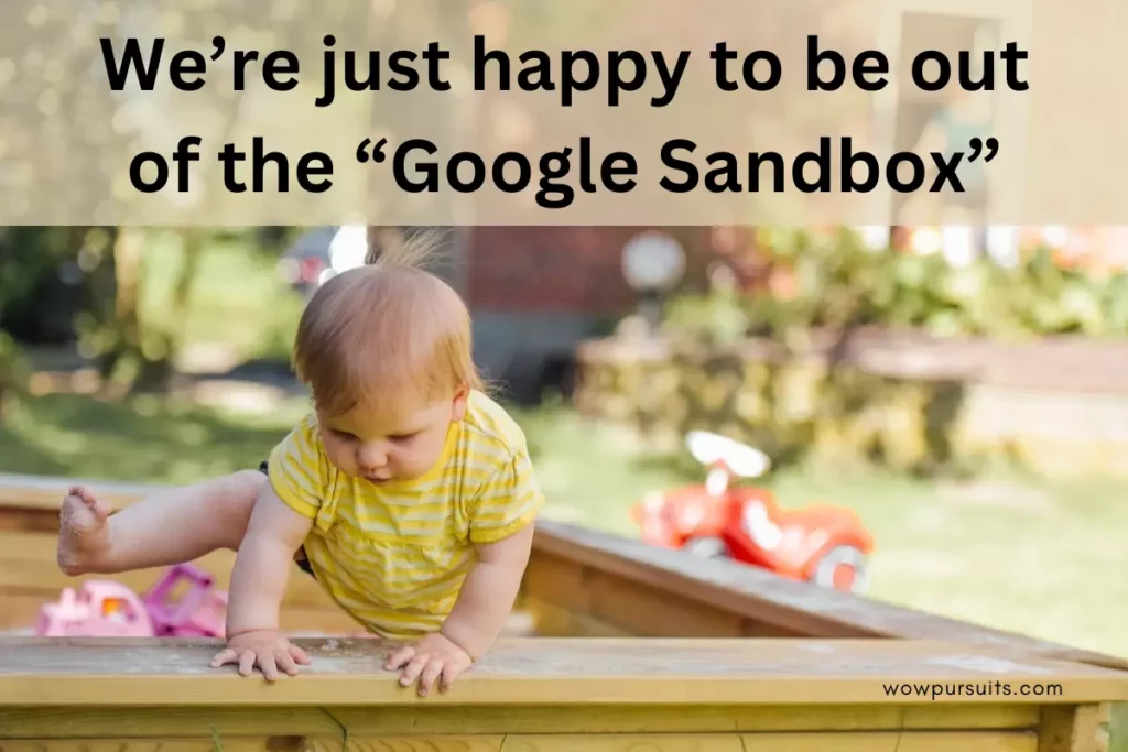 Image of a baby crawling out of a sandbox with the text overlay: We're just happy to be out of the "Google Sandbox".