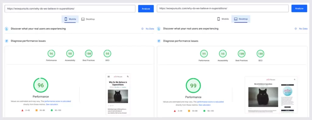 Screenshot of WowPursuit's PageSpeed Insights report for both mobile and desktop performance of one of its pages.