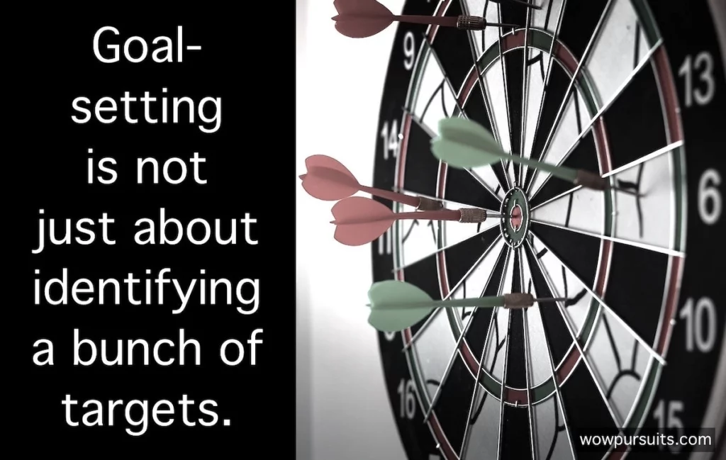 Image of a dart board full of darts with the text overlay: Goal-setting is not just about identifying a bunch of targets.