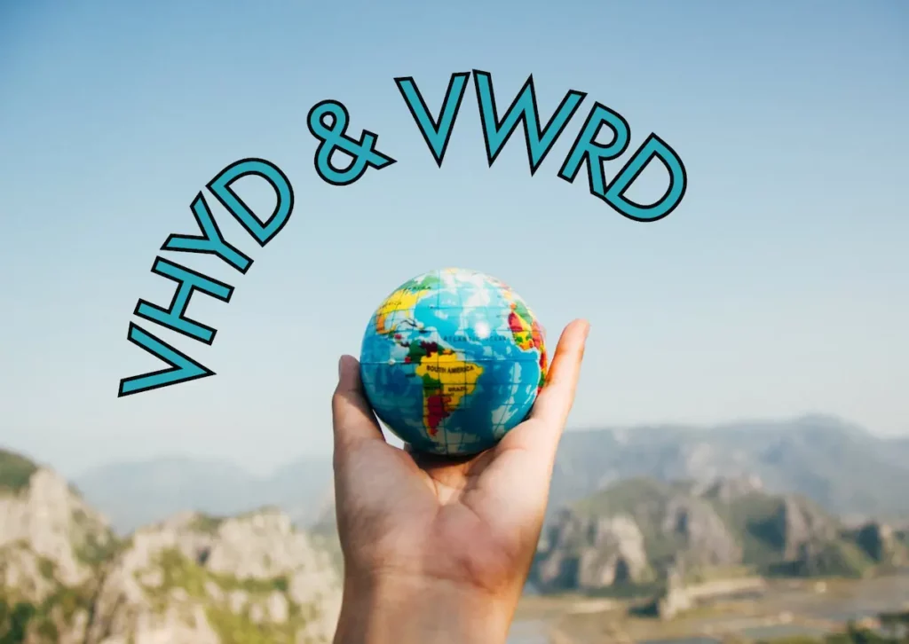 Image of a hand holding a globe of the world with the text overlay: VHYD & VWRD.