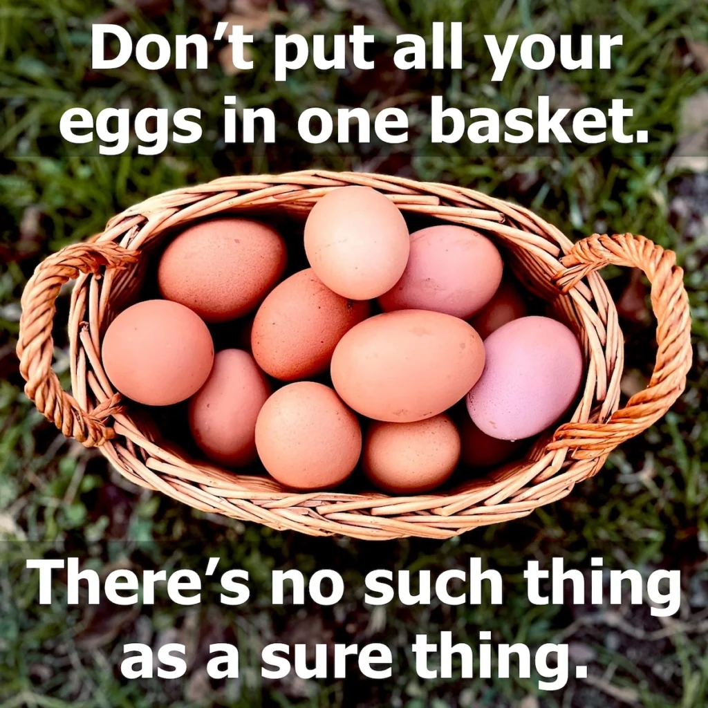 Image of the basket of eggs with the text overlay: Don't put all your eggs in one basket. There's no such thing as a sure thing.