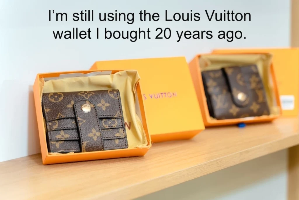 Image of Louis Vuitton wallets displayed on a shelf with the text overlay: I'm still using the Louis Vuitton wallet I bought 20 years ago.